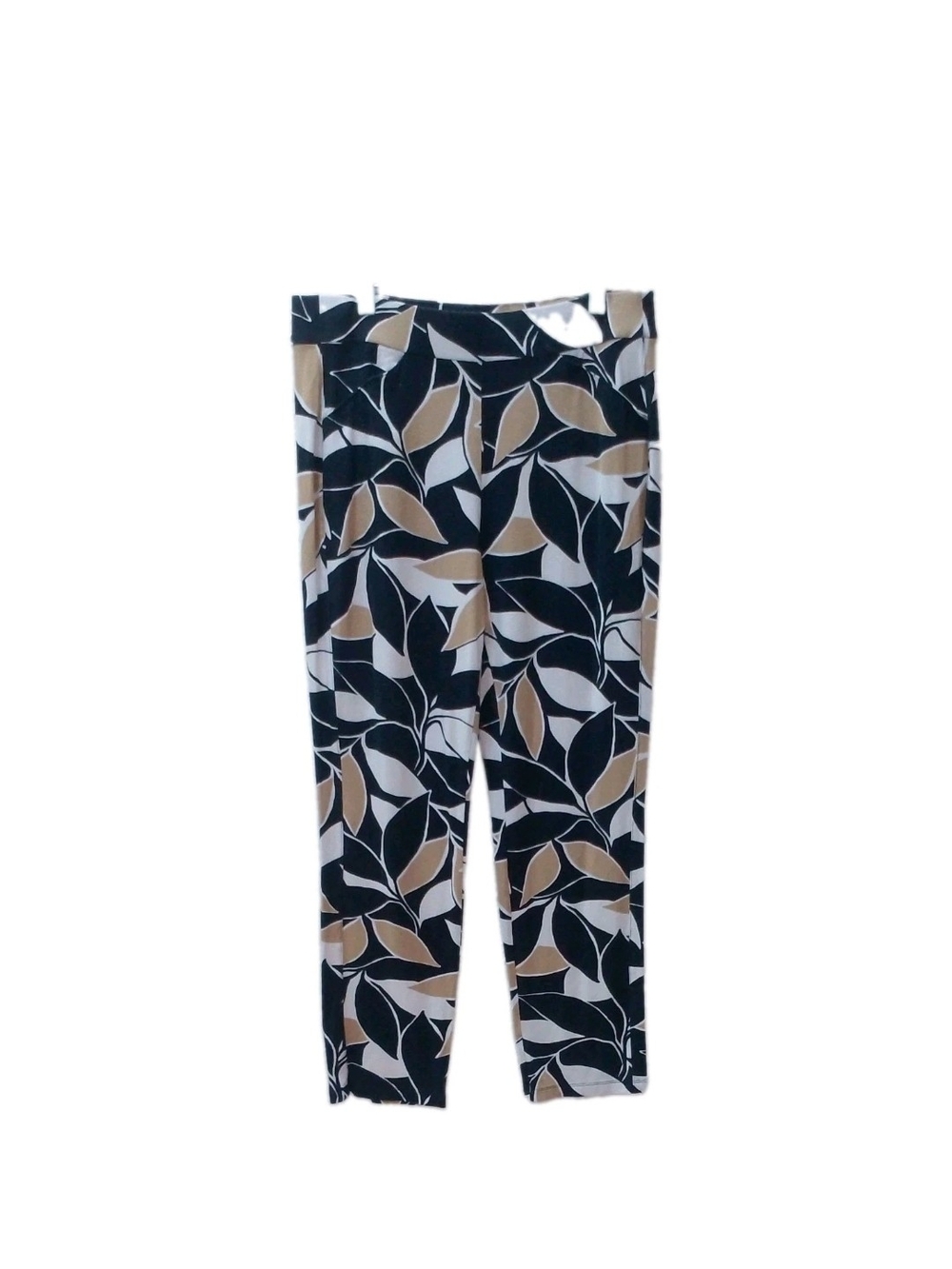 Chico's Travelers Black Tan Leaf Print Crop Pants Size 1.5 M 10 Old Money